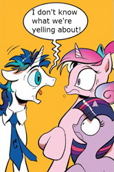 Size: 365x549 | Tagged: safe, idw, character:princess cadance, character:shining armor, character:twilight sparkle, anchorman, dishevelled, exploitable meme, meme, screaming armor