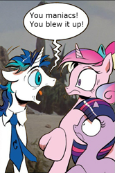 Size: 365x549 | Tagged: safe, idw, character:princess cadance, character:shining armor, character:twilight sparkle, dishevelled, exploitable meme, meme, planet of the apes, screaming armor, statue of liberty