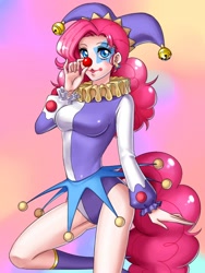 Size: 600x800 | Tagged: safe, artist:apzzang, character:pinkie pie, species:human, breasts, busty pinkie pie, clothing, clown, clown nose, costume, female, humanized, light skin, makeup, ponyacci, ruff (clothing), solo, tailed humanization