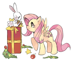 Size: 1505x1355 | Tagged: safe, artist:suikuzu, character:angel bunny, character:fluttershy, species:pegasus, species:pony, g4, christmas, female, mare, present, simple background, transparent background