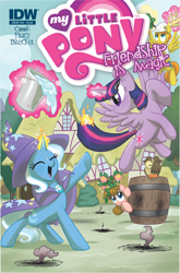 Size: 1024x1553 | Tagged: safe, artist:amy mebberson, idw, official, character:owlowiscious, character:trixie, character:twilight sparkle, character:twilight sparkle (alicorn), species:alicorn, species:pony, cover, female, mare, peachy cream, warm front