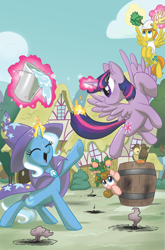 Size: 1017x1543 | Tagged: safe, artist:amy mebberson, idw, character:owlowiscious, character:trixie, character:twilight sparkle, character:twilight sparkle (alicorn), species:alicorn, species:pony, barrel, bucket, comic cover, cover, duel, female, fire, magic, mare, peach, peachy cream, pyromancy, telekinesis, warm front