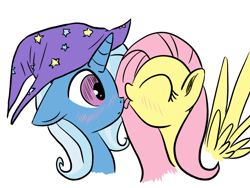 Size: 700x526 | Tagged: safe, artist:xioade, character:fluttershy, character:trixie, species:pegasus, species:pony, species:unicorn, ship:trixieshy, :o, blushing, bust, clothing, eyes closed, female, floppy ears, hat, lesbian, licking, open mouth, portrait, shipping, simple background, spread wings, tongue out, trixie's hat, white background, wings