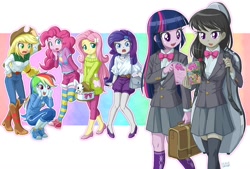 Size: 1234x834 | Tagged: safe, artist:uotapo, idw, character:angel bunny, character:applejack, character:fluttershy, character:octavia melody, character:pinkie pie, character:rainbow dash, character:rarity, character:twilight sparkle, my little pony:equestria girls, anime, boots, bow, bow tie, clothing, cute, dashabetes, dashface, diapinkes, female, hand on hip, hilarious in hindsight, jackabetes, jacket, manga, open mouth, pants, raribetes, school uniform, shoes, shorts, shyabetes, skirt, sneakers, socks, striped socks, tavibetes, twiabetes, zettai ryouiki