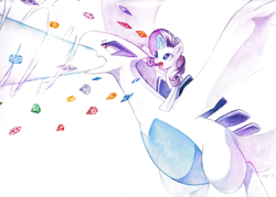 Size: 1280x919 | Tagged: safe, artist:jiayi, character:rarity, species:pony, species:unicorn, crossover, duo, female, fight, flying, gem, lugia, mare, pokémon, ponies riding pokémon, riding, spread wings, traditional art, watercolor painting, wings