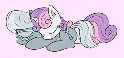 Size: 1000x471 | Tagged: safe, artist:xioade, character:silver spoon, character:sweetie belle, ship:silverbelle, female, hug, lesbian, pony pile, shipping, sleeping, snuggling