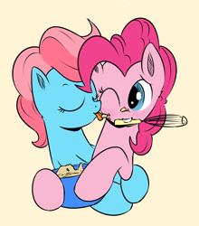 Size: 700x794 | Tagged: safe, artist:xioade, character:cup cake, character:pinkie pie, ship:cakepie, baking, blushing, cooking, dough, female, foodplay, lesbian, licking, messy, shipping, whisk