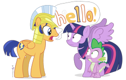 Size: 1140x720 | Tagged: safe, artist:dm29, idw, character:flash sentry, character:spike, character:twilight sparkle, character:twilight sparkle (alicorn), species:alicorn, species:dragon, species:pegasus, species:pony, ship:flashlight, backwards cutie mark, confused, dialogue, eye contact, female, frown, hello, looking at each other, male, mare, meme, raised hoof, screaming armor, screaming sentry, shipping, simple background, smooth, speech bubble, spread wings, stallion, straight, transparent background, trio, wide eyes, wings