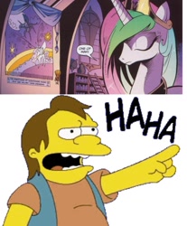 Size: 1000x1209 | Tagged: safe, idw, character:nightmare moon, character:princess celestia, character:princess luna, context is for the weak, laughing, nelson muntz, the simpsons