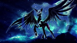 Size: 1920x1080 | Tagged: dead source, safe, artist:rainb00mdash, artist:vipeydashie, character:nightmare moon, character:princess luna, epic, evil, looking at you, majestic, moon, raised hoof, solo, spread wings, stars, wallpaper, wings