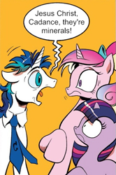 Size: 365x549 | Tagged: safe, idw, character:princess cadance, character:shining armor, character:twilight sparkle, breaking bad, dishevelled, exploitable meme, meme, screaming armor, younger