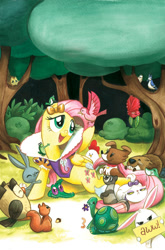 Size: 800x1213 | Tagged: useless source url, safe, artist:amy mebberson, idw, character:angel bunny, character:fluttershy, character:gummy, character:opalescence, character:owlowiscious, character:tank, character:winona, comic, cover, disney, elizabeak, fruit bat, snow white