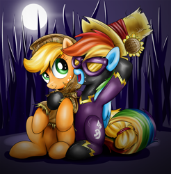 Size: 900x916 | Tagged: safe, artist:xioade, character:applejack, character:rainbow dash, ship:appledash, accessory swap, clothing, costume, female, hat, hoof around neck, hug, latex, latex suit, lesbian, moon, night, nightmare night, scarecrow, shadowbolt dash, shadowbolts costume, shipping, side hug, smiling