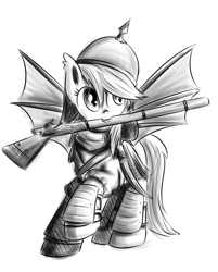 Size: 700x869 | Tagged: safe, artist:xioade, oc, oc only, oc:florence, species:bat pony, species:pony, analysis, armor, black and white, circassia, circassian, drawfag, grayscale, gun, headcanon, helmet, history, islam, monochrome, mouth hold, musket, olympics, rifle, sochi, soldier, solo, sword, warrior, weapon