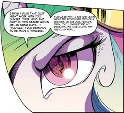 Size: 532x485 | Tagged: safe, edit, idw, character:princess celestia, character:sunset shimmer, species:pony, alternate scenario, body sharing, comic, dialogue, eye, eye reflection, pun, reflection, text edit