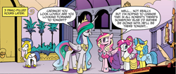Size: 960x406 | Tagged: safe, idw, official comic, character:diamond rose, character:lemony gem, character:princess cadance, character:princess celestia, species:alicorn, species:pegasus, species:pony, species:unicorn, candle, clothing, dialogue, dress, female, implied sunset shimmer, male, mare, neigh anything, quill, royal guard, speech bubble, stallion, whistling