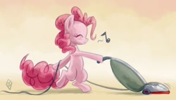 Size: 978x560 | Tagged: safe, artist:whitediamonds, character:pinkie pie, species:earth pony, species:pony, g4, bipedal, cute, diapinkes, eyes closed, female, happy, mare, music notes, solo, vacuum cleaner