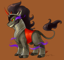 Size: 551x518 | Tagged: safe, artist:jiayi, character:king sombra, species:classical unicorn, species:pony, species:unicorn, episode:the crystal empire, g4, my little pony: friendship is magic, cloven hooves, colored fetlocks, crystal empire, leonine tail, orange background, season 3 villain, simple background, solo, unshorn fetlocks