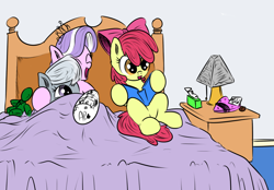 Size: 856x596 | Tagged: source needed, safe, artist:tiki2, artist:xioade, character:apple bloom, character:diamond tiara, character:silver spoon, ship:silvertiara, anonymous, bed, book, cast, cute, diamondbetes, doll, eyes closed, female, happy, hoof hold, hug, laughing, lesbian, open mouth, plushie, reading, shipping, sitting, smiling, toy