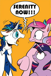 Size: 365x549 | Tagged: safe, idw, character:princess cadance, character:shining armor, character:twilight sparkle, dishevelled, exploitable meme, filly, meme, screaming armor, seinfeld, younger