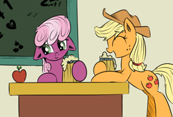Size: 800x543 | Tagged: safe, artist:tiki2, artist:xioade, character:applejack, character:cheerilee, species:earth pony, species:pony, blushing, cider, classroom, drink, female, floppy ears, mare, table