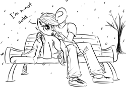 Size: 800x594 | Tagged: safe, artist:xioade, character:rainbow dash, oc, oc:anon, species:human, 4chan, bench, clothing, cute, dashabetes, jacket, monochrome, open mouth, sitting, snow, snowfall, underhoof
