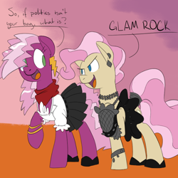 Size: 700x700 | Tagged: safe, artist:goat train, idw, character:cheerilee, character:mayor mare, 80s, 80s cheerilee, clothing, dress, glam rock, non-dyed mayor, pleated skirt, shoes, skirt, younger
