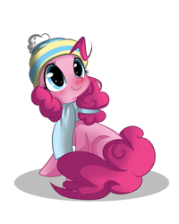 Size: 2400x3000 | Tagged: safe, artist:lolepopenon, character:pinkie pie, beanie, blushing, clothing, cute, diapinkes, hat, looking up, red nosed, scarf, simple background, sitting, smiling, solo, transparent background