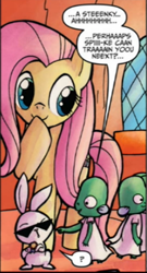 Size: 257x475 | Tagged: safe, artist:agnesgarbowska, idw, official comic, character:angel bunny, character:fluttershy, species:dragon, species:pony, species:rabbit, animal, cropped, cute, dialogue, female, idw micro series, male, mare, pimp, sea beasts, shyabetes, speech bubble