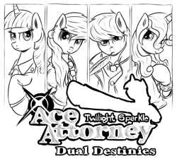 Size: 1000x911 | Tagged: safe, artist:xioade, character:octavia melody, character:silver spoon, character:sweetie belle, character:twilight sparkle, ace attorney, apollo justice, athena cykes, logo, monochrome, parody, phoenix wright, simon blackquill