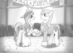 Size: 2000x1440 | Tagged: safe, artist:regolithx, idw, character:princess cadance, character:shining armor, bow tie, clothing, dancing, dress, fall formal, monochrome, tuxedo, younger