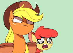 Size: 637x464 | Tagged: safe, artist:karzahnii, character:apple bloom, character:applejack, :i, crying, reaction image, simple background, voyeur