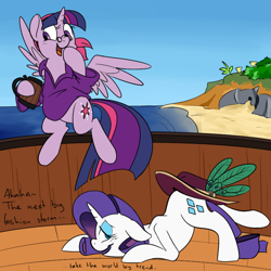 Size: 700x700 | Tagged: safe, artist:goat train, idw, character:rarity, character:twilight sparkle, character:twilight sparkle (alicorn), species:alicorn, species:pony, asshat, boat, cider, clothing, drunk, drunk rarity, female, glasses, mare, shirt