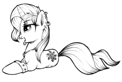 Size: 900x608 | Tagged: safe, artist:xioade, character:sunset shimmer, species:pony, species:unicorn, monochrome, piercing, solo, tramp stamp