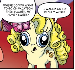 Size: 458x432 | Tagged: safe, edit, idw, species:pony, species:unicorn, comic, derp, dialogue, didney worl, foal, honey boo boo, honey sweet, meme, solo, speech bubble, text