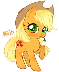 Size: 650x801 | Tagged: safe, artist:qpqp, character:applejack, species:earth pony, species:pony, blushing, cute, jackabetes, looking at you, mouth hold, raised hoof, simple background, smiling, solo, white background