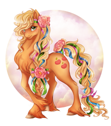 Size: 1053x1193 | Tagged: safe, artist:cigarscigarettes, character:applejack, alternate hairstyle, blushing, crossed legs, flower, flower in hair, freckles, looking at you, pretty, ribbon, shy, solo, tail wrap, unshorn fetlocks