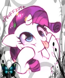 Size: 466x559 | Tagged: safe, artist:suikuzu, character:rarity, species:pony, blep, butterfly, cute, derp, drool, floppy ears, flower, flower in hair, funny face, grimace, onomatopoeia, pwffzzt, raribetes, raspberry, raspberry noise, silly, silly pony, smiling, solo, squishy cheeks, tongue out