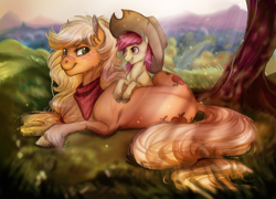 Size: 1280x923 | Tagged: safe, artist:cigarscigarettes, artist:earthsong9405, character:apple bloom, character:applejack, species:earth pony, species:pony, accessory swap, adorabloom, bandana, blushing, both cutie marks, cheek fluff, collaboration, colored, crepuscular rays, cute, detailed, dock, featured on derpibooru, female, filly, fluffy, freckles, grass, grin, hooves, jackabetes, leaning, lidded eyes, mare, nose wrinkle, prone, scar, scenery, shade, sisters, smiling, squee, tree, unshorn fetlocks