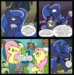 Size: 588x601 | Tagged: safe, artist:katiecandraw, idw, character:fluttershy, character:princess luna, species:alicorn, species:bat pony, species:pony, bait and switch, cave troll, cave troll jim, colored text, comic, cute, ethereal mane, female, galaxy mane, katie does it again, lunabetes, mare, meta joke, night guard, onomatopoeia, parody, raised hoof, rearing, shrunken pupils, sound effects, spider-man, troll