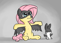 Size: 895x625 | Tagged: safe, artist:poptart36, character:angel bunny, character:fluttershy, species:pegasus, species:pony, g4, batman, cute, cute little fangs, fangs, female, gradient background, gray background, hilarious in hindsight, mare, sharp teeth, shyabetes, simple background, sitting