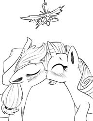 Size: 573x748 | Tagged: source needed, safe, artist:xioade, character:applejack, character:rarity, ship:rarijack, female, holly, holly mistaken for mistletoe, kissing, lesbian, monochrome, shipping