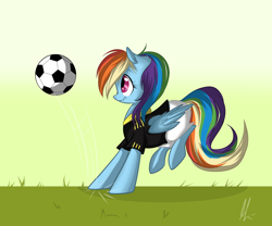 Size: 1024x850 | Tagged: safe, artist:lolepopenon, character:rainbow dash, clothing, football, scrunchy face, solo, sports