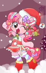 Size: 1208x1920 | Tagged: safe, artist:momo, character:pinkie pie, alternate hairstyle, askharajukupinkiepie, bell, bipedal, bow, christmas, clothing, cute, diapinkes, dress, hair bow, hat, holiday, one eye closed, pigtails, santa hat, solo, wink