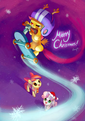 Size: 700x994 | Tagged: safe, artist:amy30535, character:apple bloom, character:scootaloo, character:sweetie belle, species:pegasus, species:pony, species:reindeer, antlers, christmas, clothing, costume, cutie mark crusaders, hat, red nose, rudolph, rudolph the red nosed reindeer, santa hat, scooter, snow, snowfall, snowflake, trail