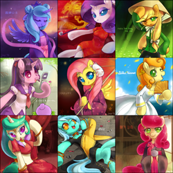 Size: 904x904 | Tagged: safe, artist:jiayi, character:applejack, character:carrot top, character:fluttershy, character:golden harvest, character:lyra heartstrings, character:princess celestia, character:princess luna, character:rarity, character:strawberry sunrise, character:twilight sparkle, species:anthro, clothing, dress, japanese