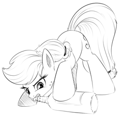 Size: 807x770 | Tagged: safe, artist:xioade, character:applejack, bottle, champagne, drawfag, monochrome, mouth hold, sketch, solo