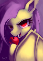 Size: 700x990 | Tagged: safe, artist:amy30535, character:flutterbat, character:fluttershy, species:bat pony, species:pony, episode:bats!, g4, my little pony: friendship is magic, apple, fangs, race swap, solo