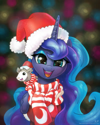 Size: 1200x1500 | Tagged: safe, artist:kp-shadowsquirrel, idw, character:princess luna, character:tiberius, species:alicorn, species:pony, g4, bedroom eyes, blurred background, christmas, clothing, cute, eyeshadow, female, hat, horn, looking at you, lunabetes, makeup, mare, open mouth, opossum, santa hat, scarf, smiling, solo, teeth