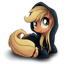 Size: 800x704 | Tagged: dead source, safe, artist:xioade, character:applejack, species:earth pony, species:pony, clothing, female, freckles, hoodie, mare, prone, simple background, smiling, solo, white background